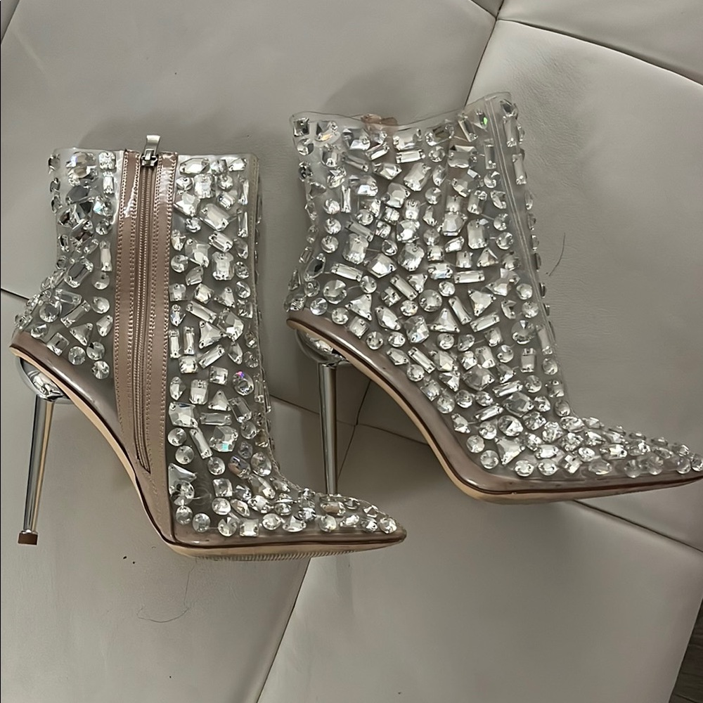 Silver Stiletto Heeled Boots with Crystal Embellishments